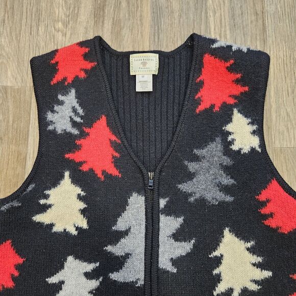 Vtg Susan Bristol Christmas Sweater Vest Women M Red Trees Wool Full Zip Cottage - Picture 2 of 8
